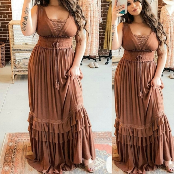 . Picture Perfect Brown Lace Crochet Tie Ruffle Maxi Dress - Picture 2 of 5